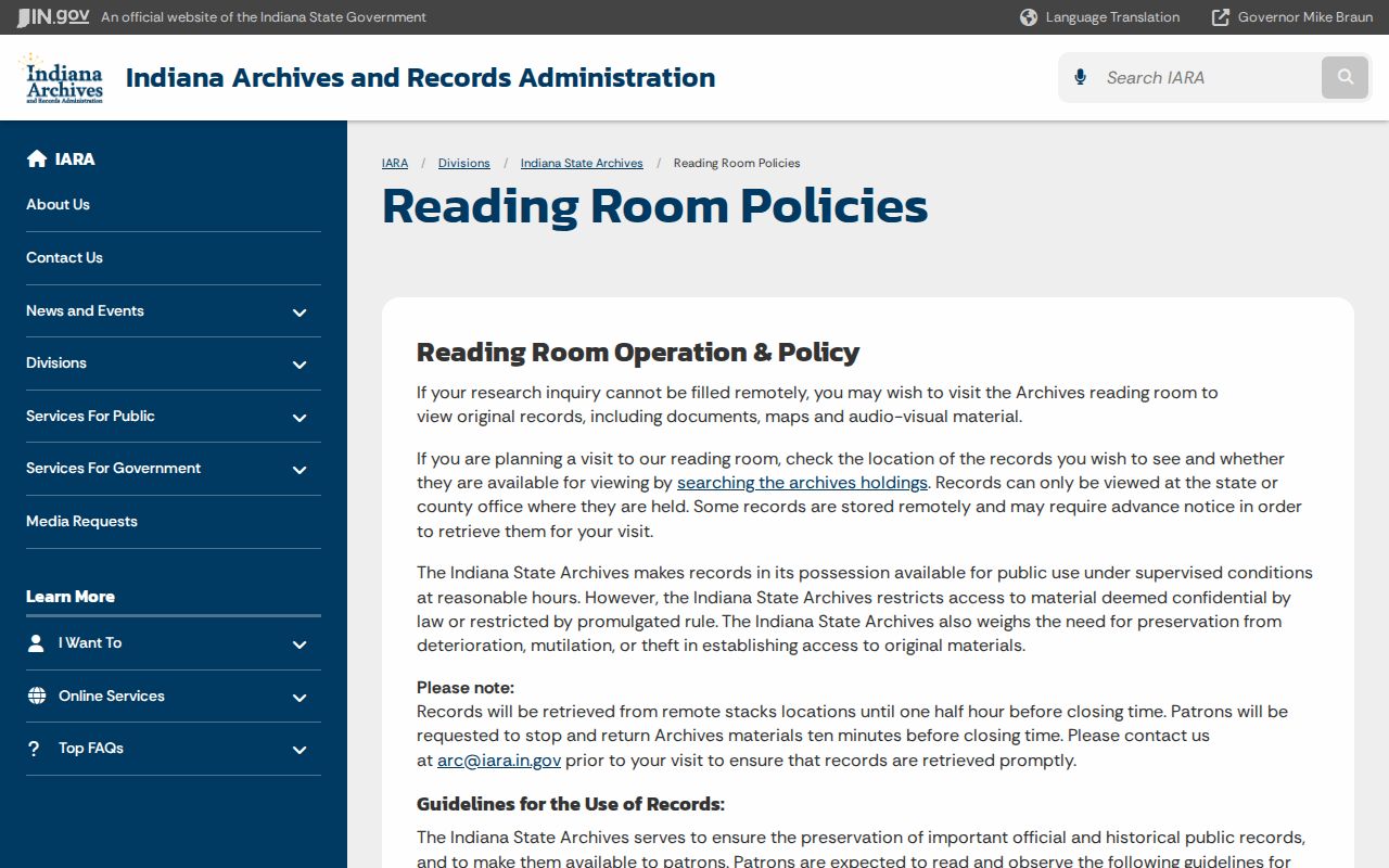 Indiana State Archives policy for older Shelby County arrest records