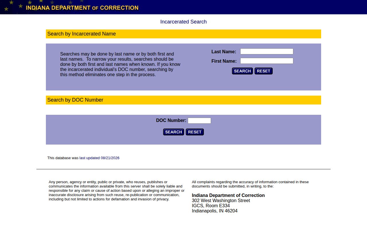 Indiana DOC search for sentenced Shelby County offender records and photos
